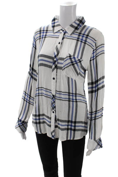 Rails Womens Button Front Long Sleeve Collared Plaid Shirt White Blue Size Small