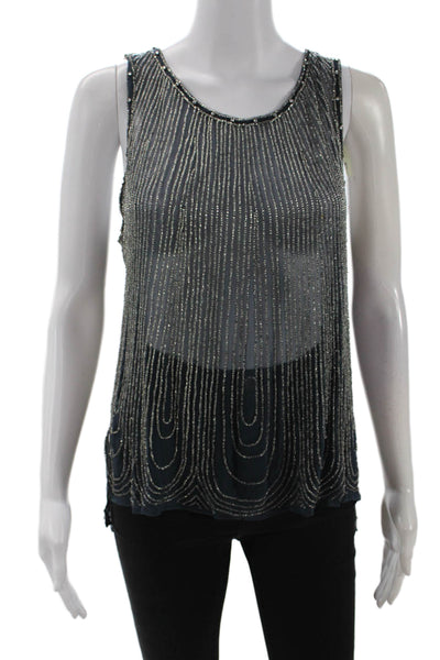 Parker Womens Silk Beaded Detail Open Back Sheer Blouse Blue Size L