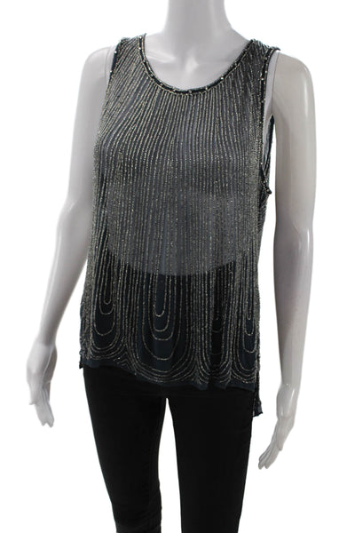 Parker Womens Silk Beaded Detail Open Back Sheer Blouse Blue Size L