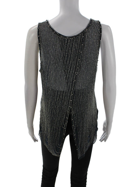 Parker Womens Silk Beaded Detail Open Back Sheer Blouse Blue Size L