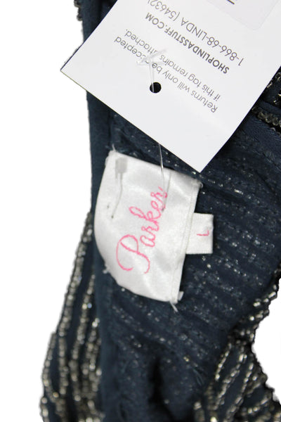Parker Womens Silk Beaded Detail Open Back Sheer Blouse Blue Size L