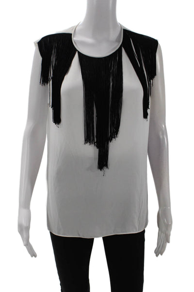 BCBG Max Azria Womens Sleeveless Fringed Detail Tank Top Blouse White Size L