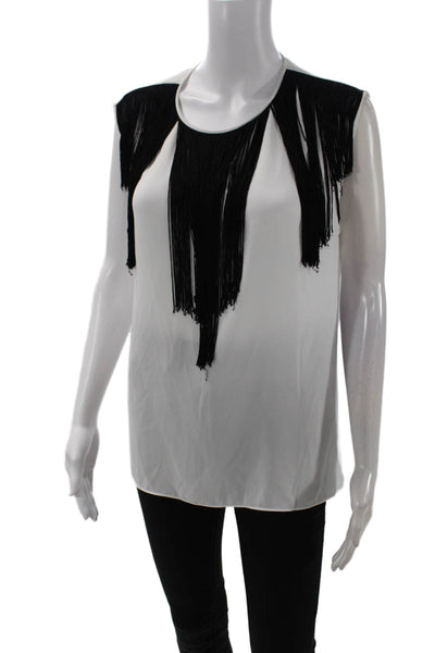 BCBG Max Azria Womens Sleeveless Fringed Detail Tank Top Blouse White Size L