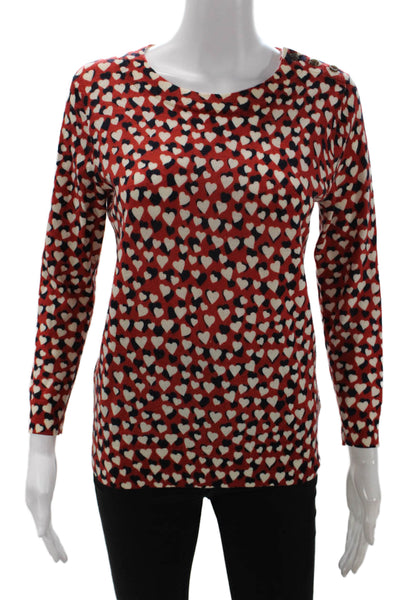 J Crew Womens Merino Wool Crew Neck Heart Print Long Sleeve Sweater Red Size S