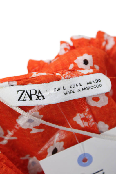Zara Womens Floral Ruffle Detail Neck Short Sleeve Dress Red Size Large