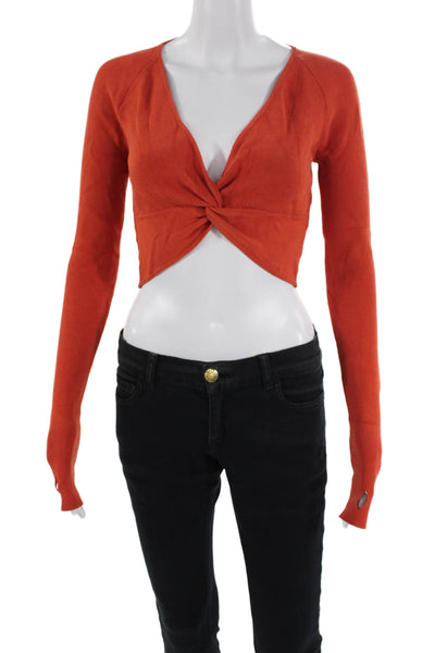Le Ore Womens Long Sleeve V Neck Ribbed Knit Twist Crop Top Orange Small