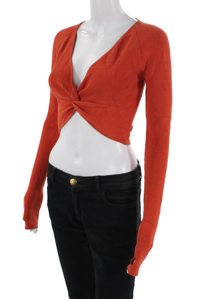 Le Ore Womens Long Sleeve V Neck Ribbed Knit Twist Crop Top Orange Small