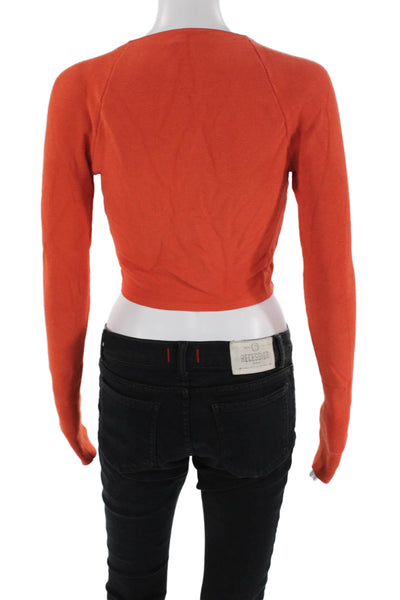 Le Ore Womens Long Sleeve V Neck Ribbed Knit Twist Crop Top Orange Small