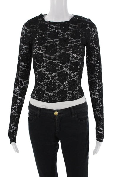 SLA The Label Womens Sequin Lace Long Sleeve Top Black Size 3XS