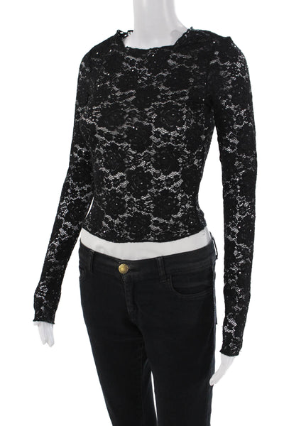 SLA The Label Womens Sequin Lace Long Sleeve Top Black Size 3XS