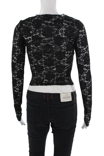 SLA The Label Womens Sequin Lace Long Sleeve Top Black Size 3XS