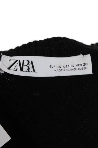 Zara Womens Long Puff Sleeve Crewneck Pullover Sweater Black Size S