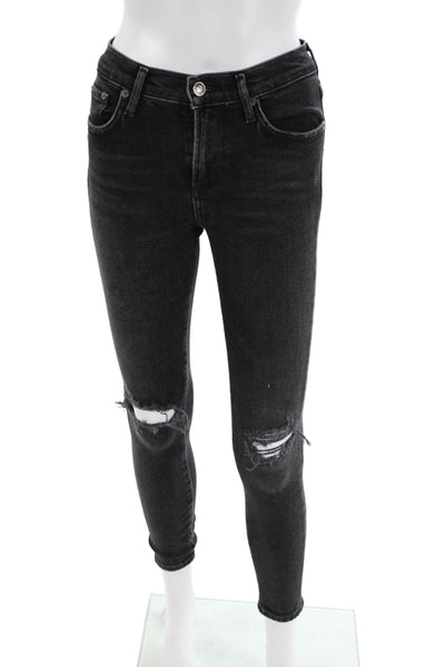 Agolde Womens Mid Rise Distressed Skinny Jeans Black Size 23