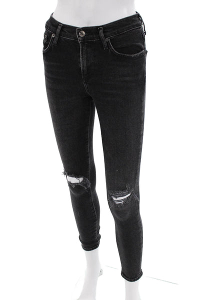 Agolde Womens Mid Rise Distressed Skinny Jeans Black Size 23