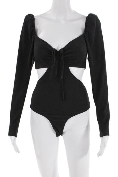 ASTR Womens Long Puff Sleeve Cutout Scoop Neck Bodysuit Black Size XS