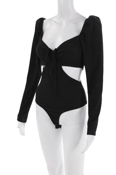 ASTR Womens Long Puff Sleeve Cutout Scoop Neck Bodysuit Black Size XS