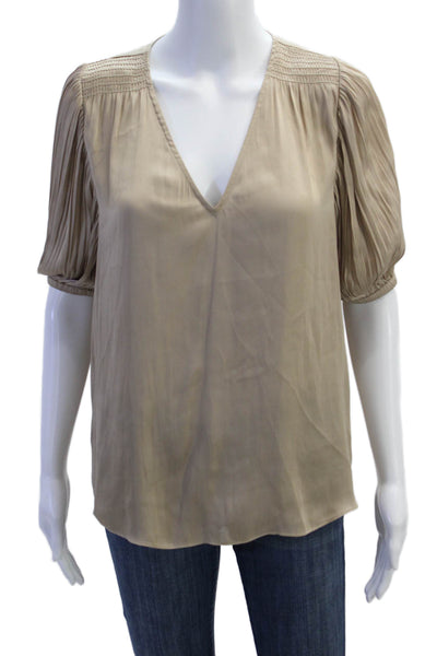 Current Air Womens Short Sleeve V Neck Boxy Satin Blouse Brown Size Small
