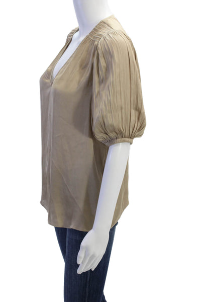 Current Air Womens Short Sleeve V Neck Boxy Satin Blouse Brown Size Small