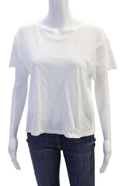 Rails Womens Short Eyelet Sleeve Scoop Neck Tee Shirt White Cotton Size Small