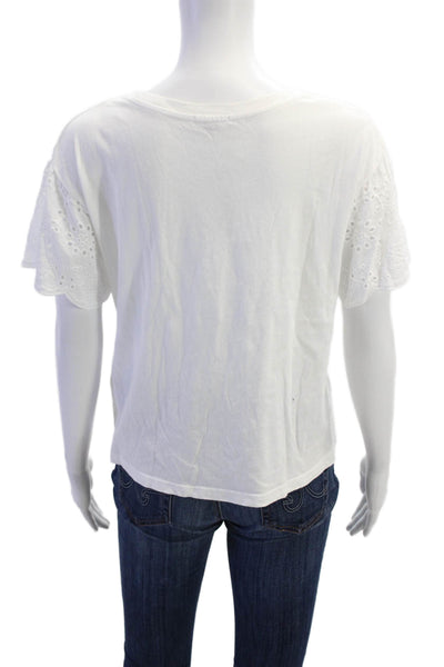 Rails Womens Short Eyelet Sleeve Scoop Neck Tee Shirt White Cotton Size Small