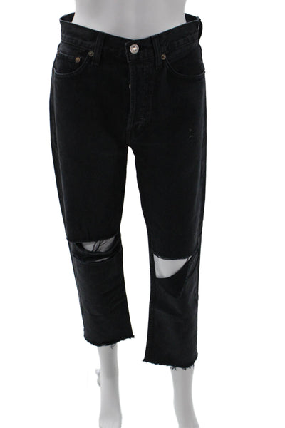 Re/Done Womens Mid Rise Distressed Straight Jeans Black Size 26