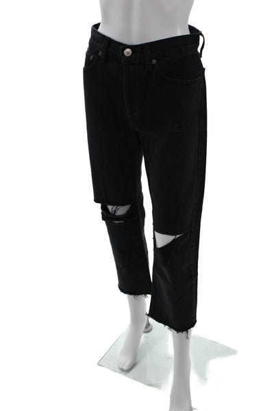 Re/Done Womens Mid Rise Distressed Straight Jeans Black Size 26