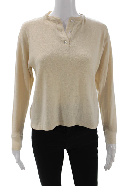 Donni Womens Long Sleeve Fleece Button Up Henley Top Beige Size XS