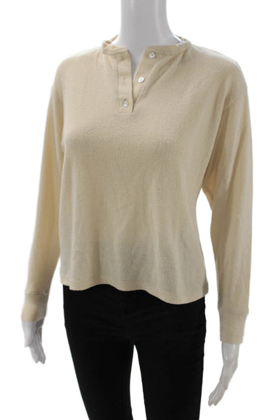 Donni Womens Long Sleeve Fleece Button Up Henley Top Beige Size XS