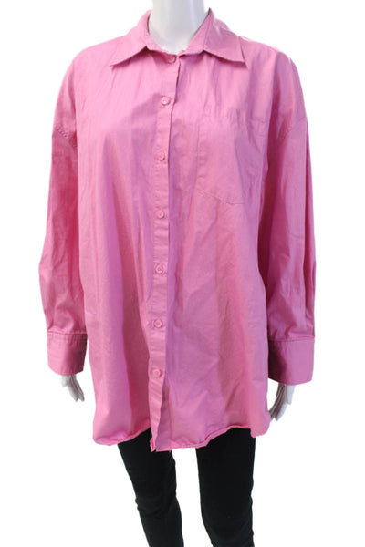 Zara Womens  Crew Neck Long Sleeves Button Down Shirt Pink Cotton Size Small