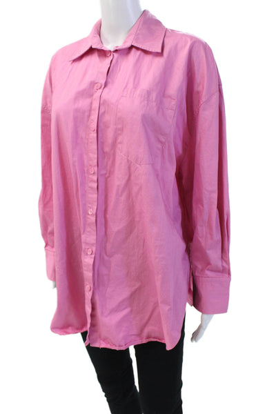 Zara Womens  Crew Neck Long Sleeves Button Down Shirt Pink Cotton Size Small