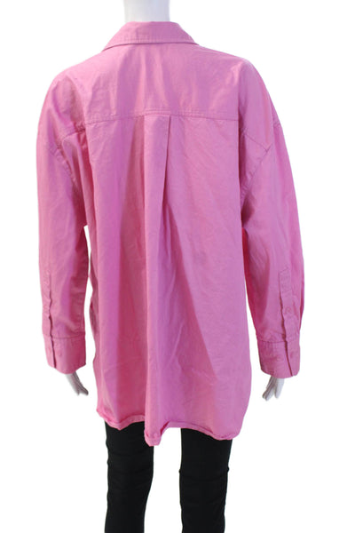 Zara Womens  Crew Neck Long Sleeves Button Down Shirt Pink Cotton Size Small