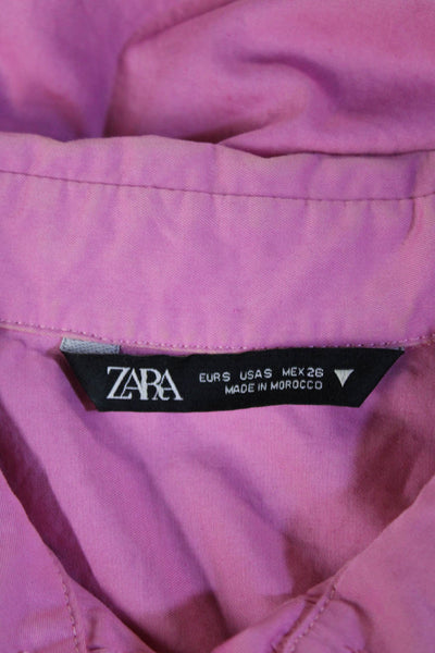 Zara Womens  Crew Neck Long Sleeves Button Down Shirt Pink Cotton Size Small