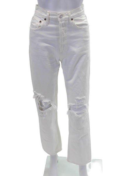 Agolde Womens Cotton Distressed High-Rise Straight Leg Jeans White Size 25