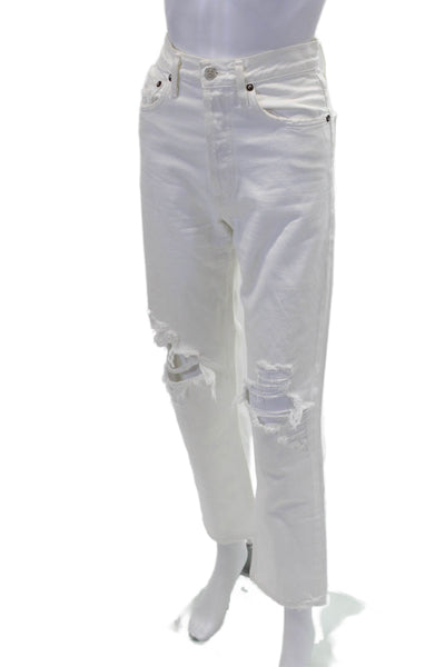 Agolde Womens Cotton Distressed High-Rise Straight Leg Jeans White Size 25