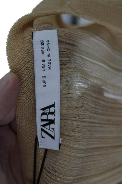 Zara Womens Accordion Pleat  Crew Neck Tank Top Beige Size Small