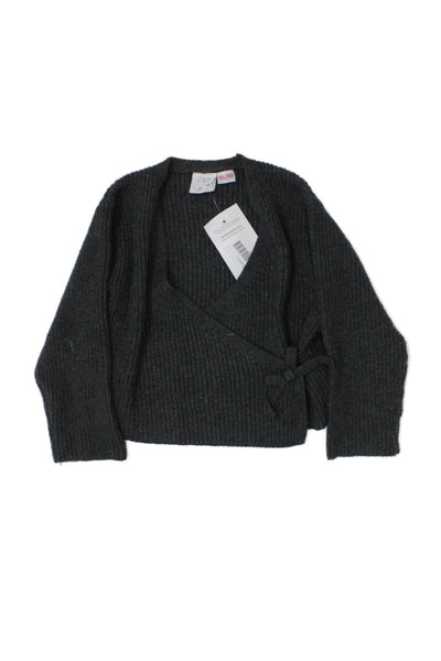 Zara Girls Long Sleeve V-neck Tie Front Knit Sweater Gray Size 4Y