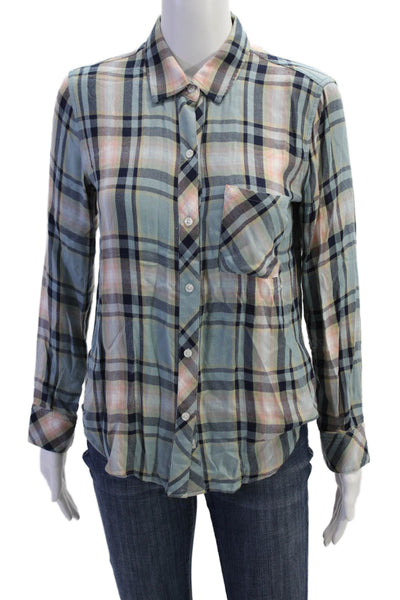 Rails Womens Button Front Long Sleeve Collared Plaid Shirt Blue Pink Size XS