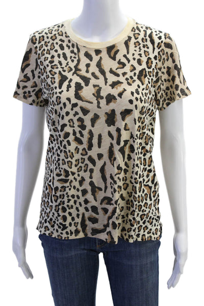 ATM Womens Short Sleeve Crew Neck Leopard Print Tee Shirt Brown White Medium