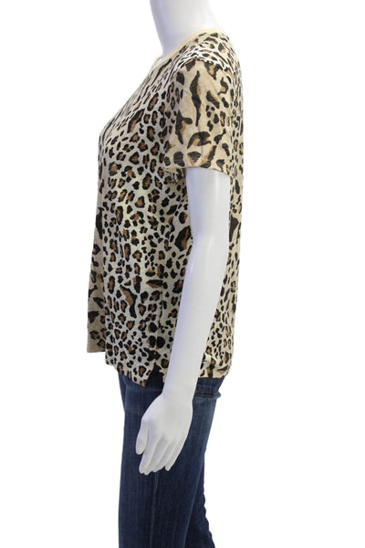 ATM Womens Short Sleeve Crew Neck Leopard Print Tee Shirt Brown White Medium