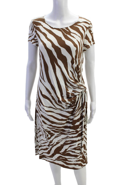 Lafayette 148 New York Womens Short Sleeve Zebra Print Dress Brown White Medium