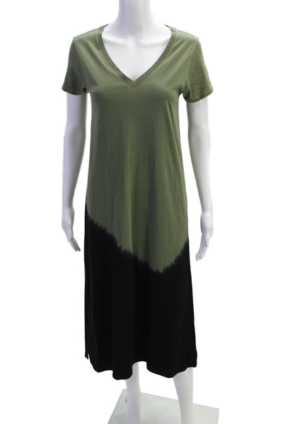 ATM Womens Short Sleeve V Neck Ombre Midi Shirt Dress Green Black Cotton Size XS