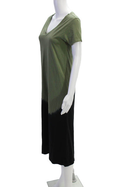 ATM Womens Short Sleeve V Neck Ombre Midi Shirt Dress Green Black Cotton Size XS