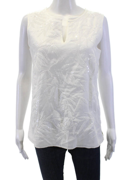 Talbots Womens Cotton Sleeveless Sequined Palm Detail Blouse White Size 6