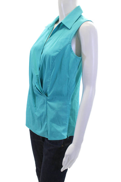 Talbots Womens Cotton Sleeveless Pleated Detail Collared Blouse Blue Size 8