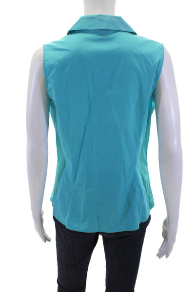 Talbots Womens Cotton Sleeveless Pleated Detail Collared Blouse Blue Size 8