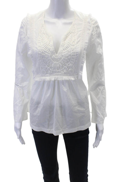 VMT Womens Long Sleeve Fringe Embroidered V Neck Shirt White Cotton Size Small