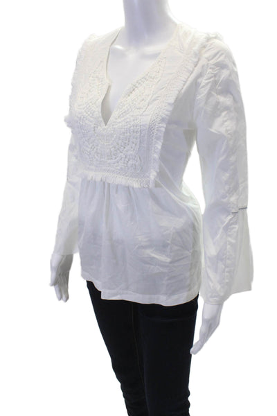 VMT Womens Long Sleeve Fringe Embroidered V Neck Shirt White Cotton Size Small