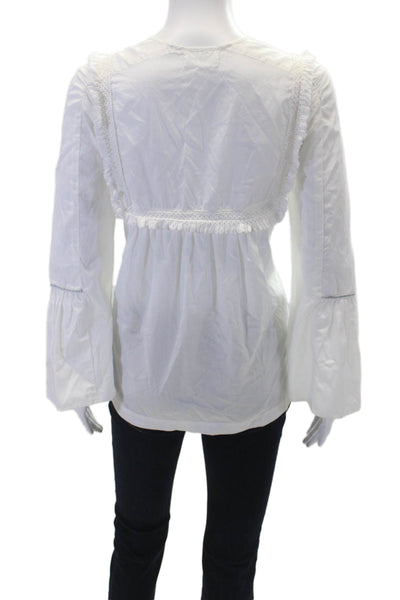VMT Womens Long Sleeve Fringe Embroidered V Neck Shirt White Cotton Size Small