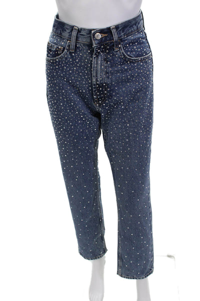 Zara Womens Jeweled High Rise Straight Leg Jeans Blue Size 2