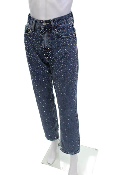 Zara Womens Jeweled High Rise Straight Leg Jeans Blue Size 2
